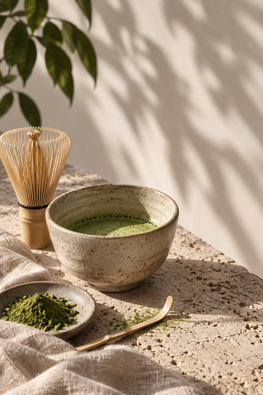 Bol de matcha et fouet en bambou posés sur un banc en bois
