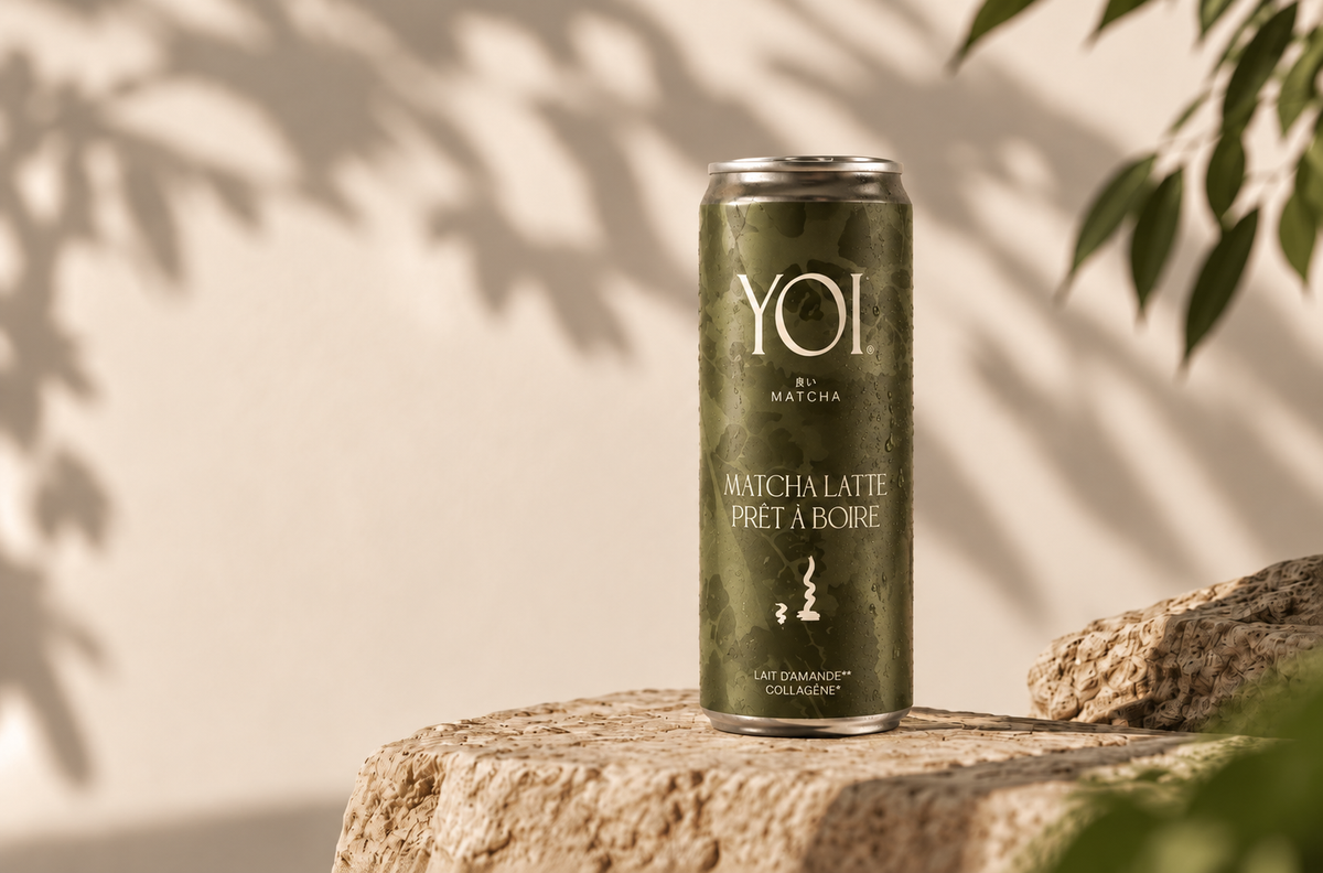 Canette YOI de matcha latte prêt à boire au lait d'amande et collagène vegan