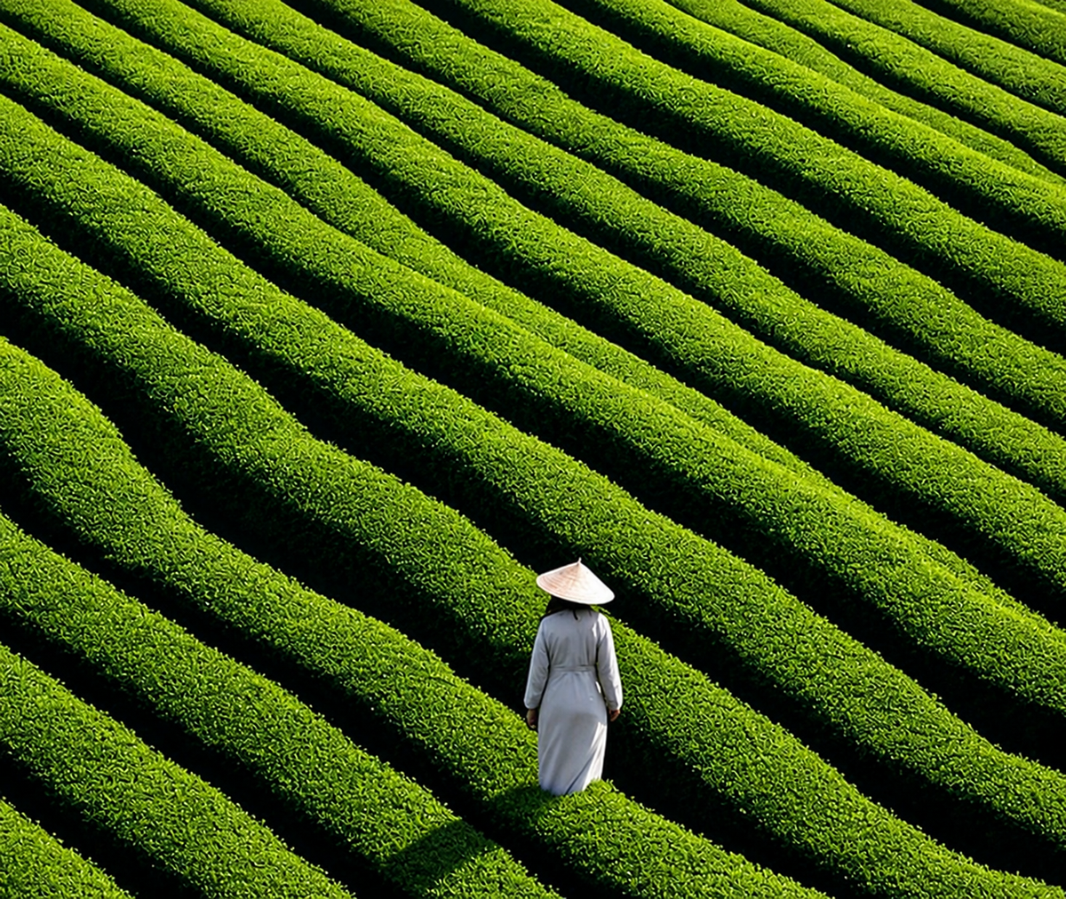 Promenade parmi les théiers taillés au Japon