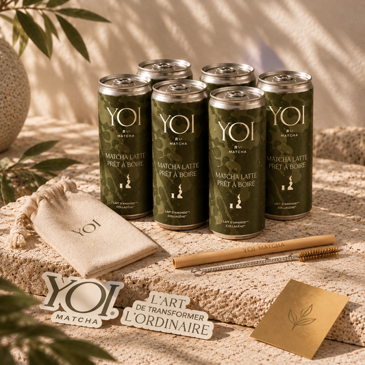 Pack Chashitsu YOI : 6 canettes de matcha latte amande et collagène vegan avec paille en bambou, en lumière dorée