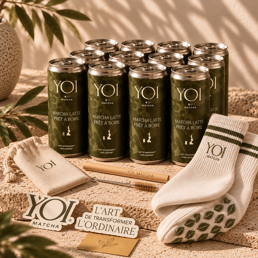 Coffret Takumi YOI : 12 canettes de matcha latte amande et collagène vegan, chaussettes de Pilates et paille en bambou